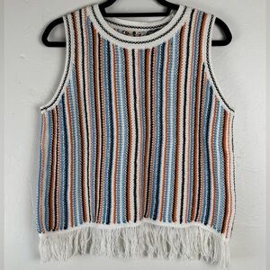 Lou & Grey Striped Knit Fringed Sweater Tank Vest 100% Cotton Medium NWOT